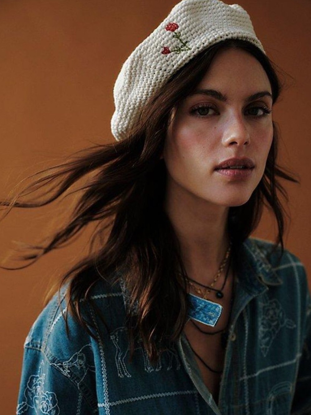 Free People Beret Crochet Hat with Red Rose Embroidery - Cream NWT